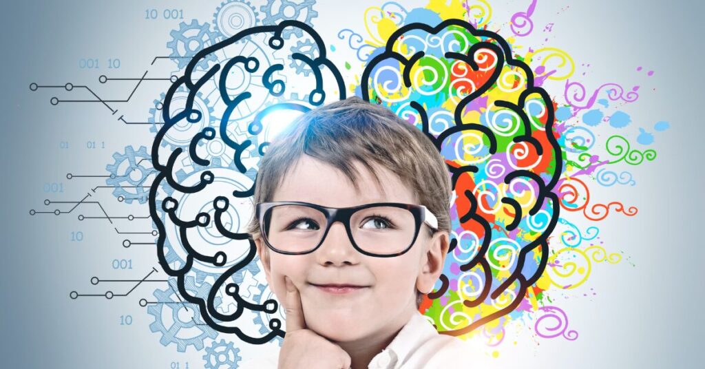 image of young boy with glasses smiling appearing to be in thought with two hemispheres of brain depicted in the background