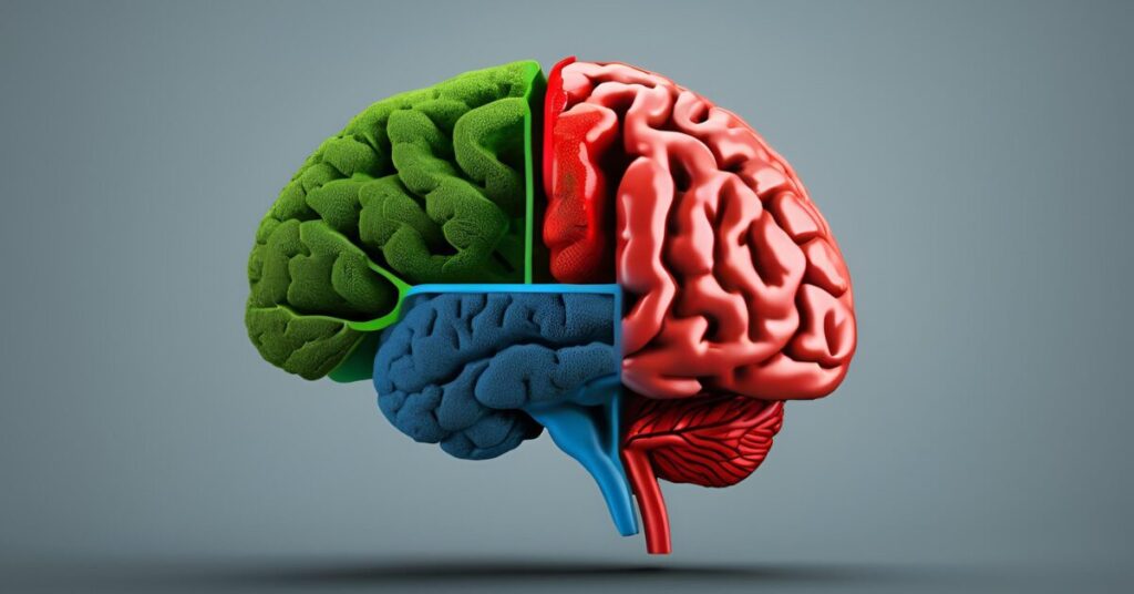an image of a human brain with a green, red, and blue area to depict the zones of development